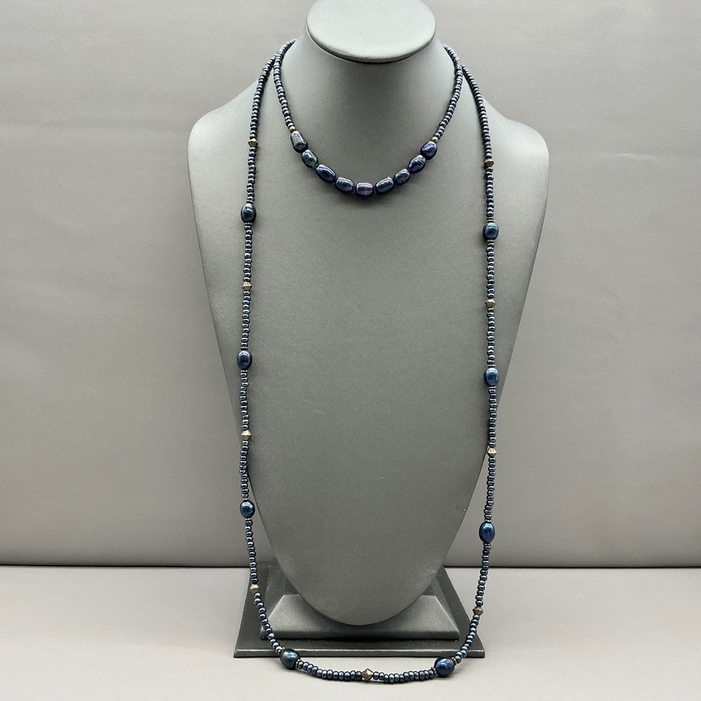 Chico's Necklace Womens Blue Faux Pearl Beaded Long Strand Layered 36 Inch